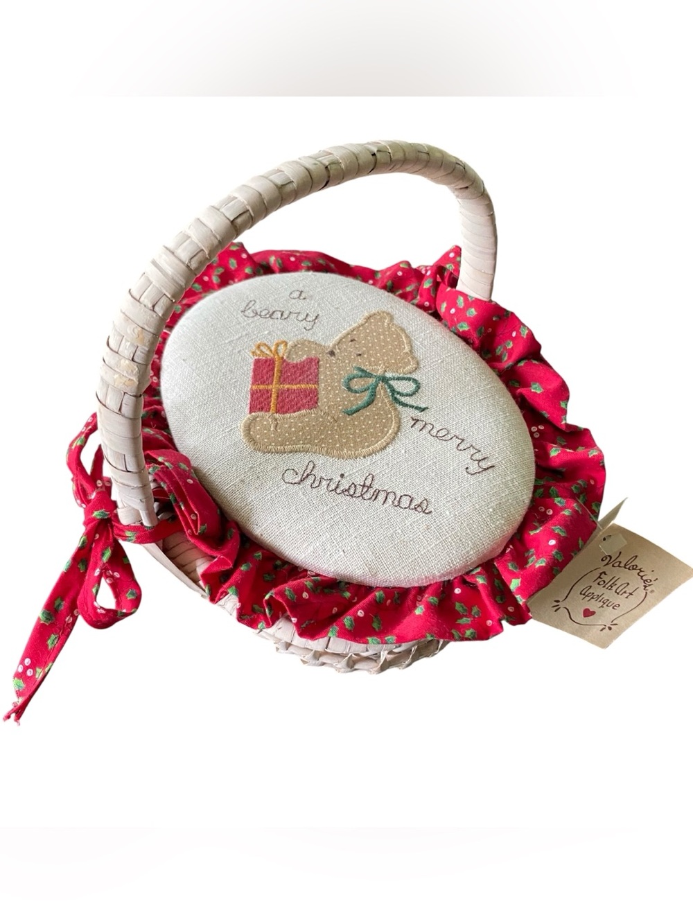 Christmas Bear Folk Art Hand Embroidered Applique Basket Lid Valorie Sockwell
